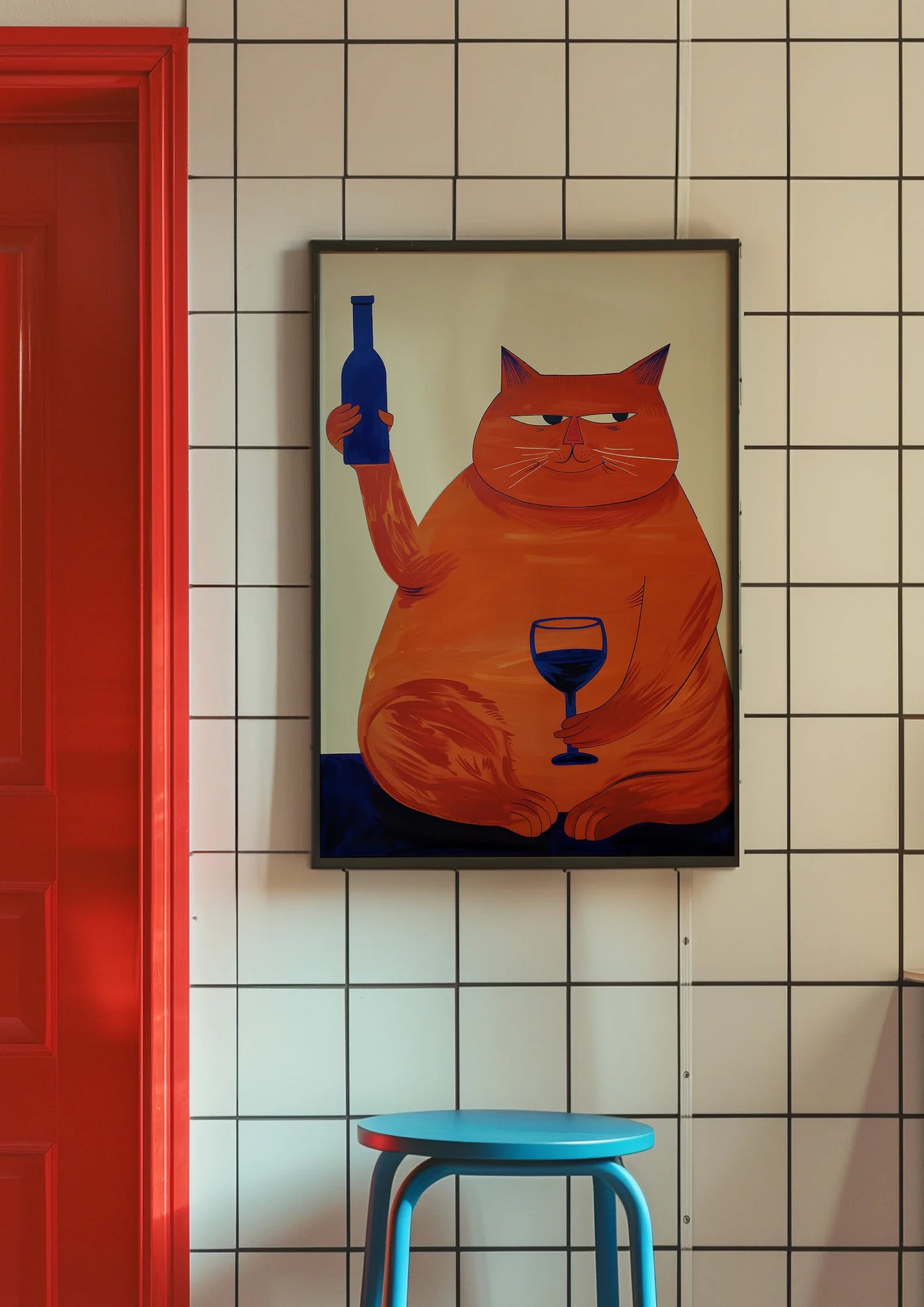 Retro Bar Cart Cat & Wine Art Print