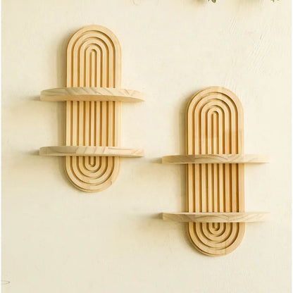 Boho Wall Mounted Wooden Shelves – Modern Display Rack for Living Room