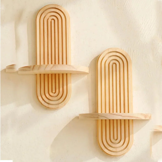 Boho Wall Mounted Wooden Shelves – Modern Display Rack for Living Room