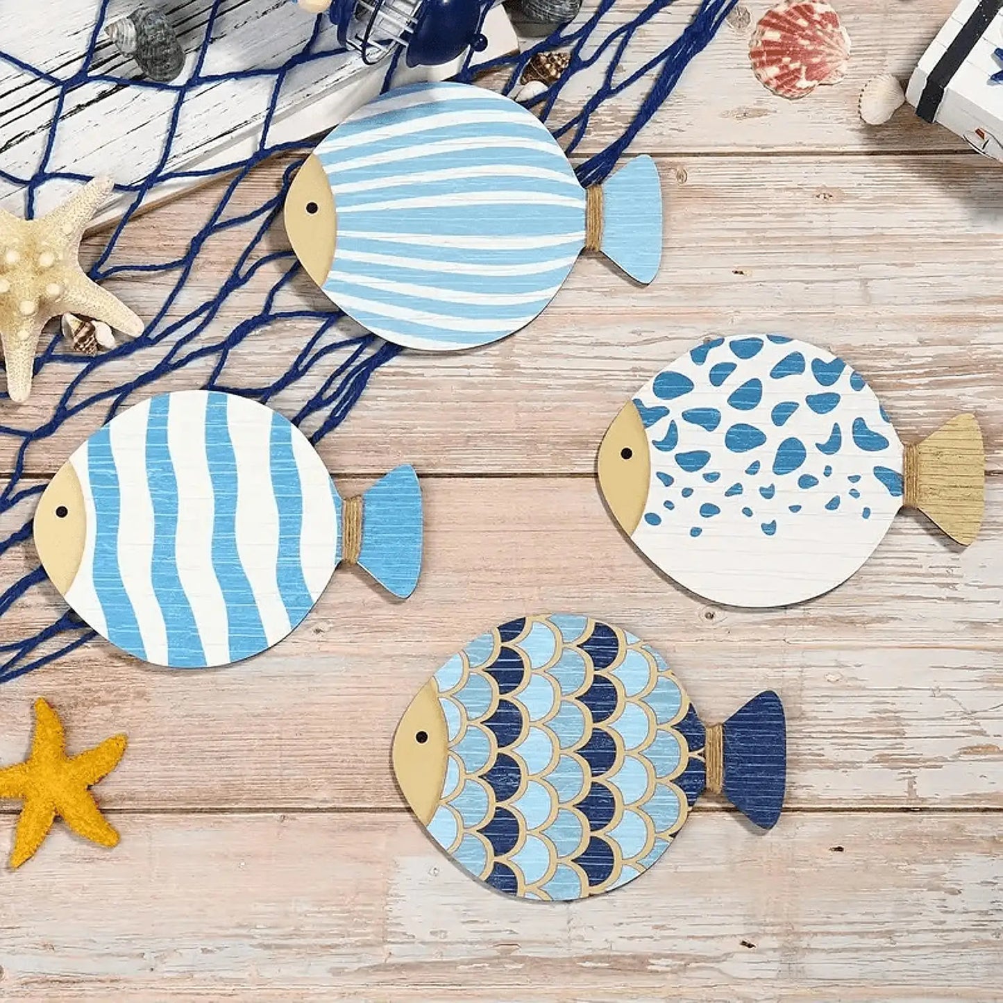 4-Piece Ocean Theme Wooden Wall Art – Fish Decor for Bathroom & Home