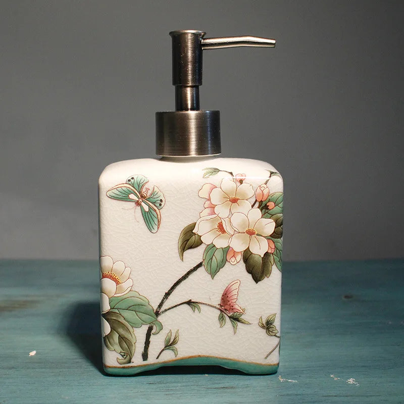 Floral Ceramic Bathroom Set – Toothbrush Holder, Cup & Lotion Bottle