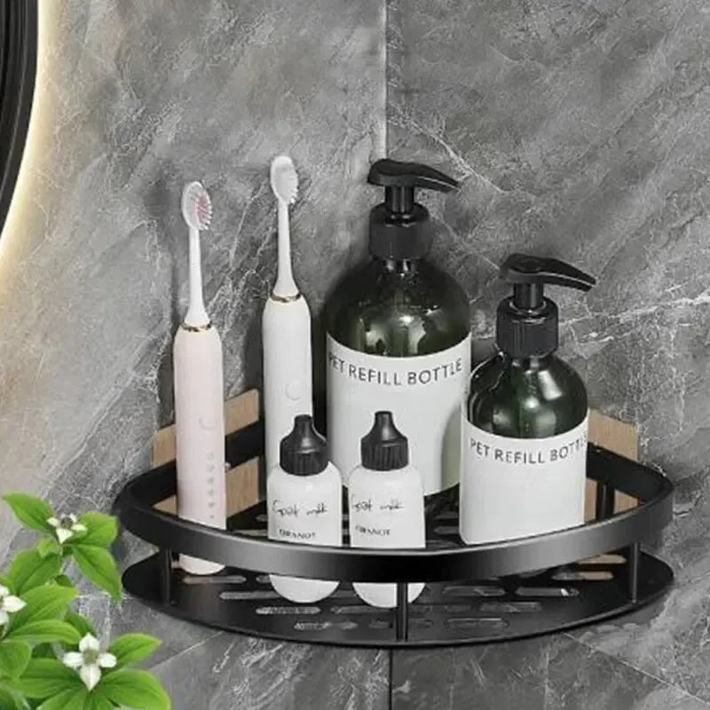 No-Drill Corner Bathroom Shelf – Wall-Mounted Shower Storage Rack